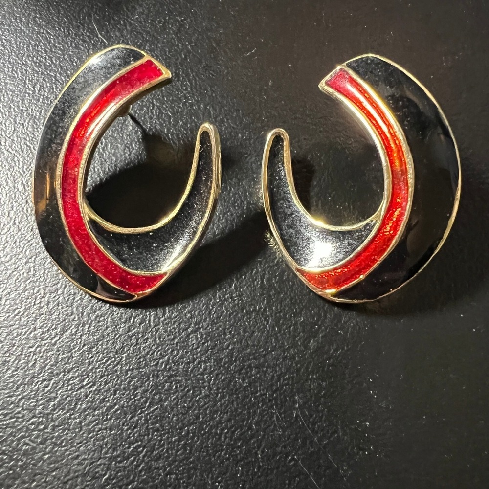 Vintage Enamel‎ Pierced Earrings Red Black Freeform Gold Tone
